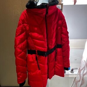 Women's Red Quilted Jacket with Belt